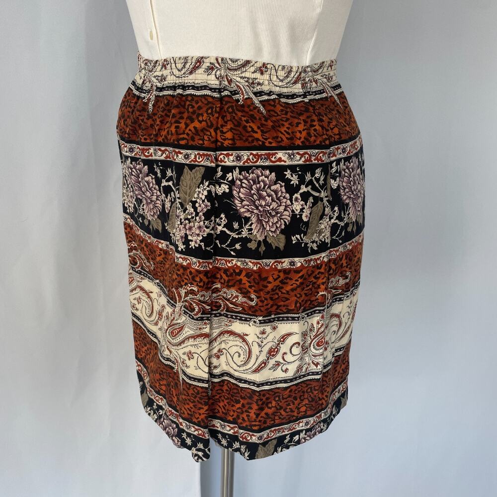 Vintage Mini Skirt Size 14 Black Brown Mix Print Cheetah Floral Boho Pull On 90s - Picture 6 of 16